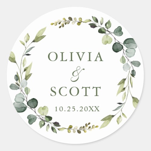 Modern Eucalyptus Wreath Floral Wedding Boho Classic Round Sticker