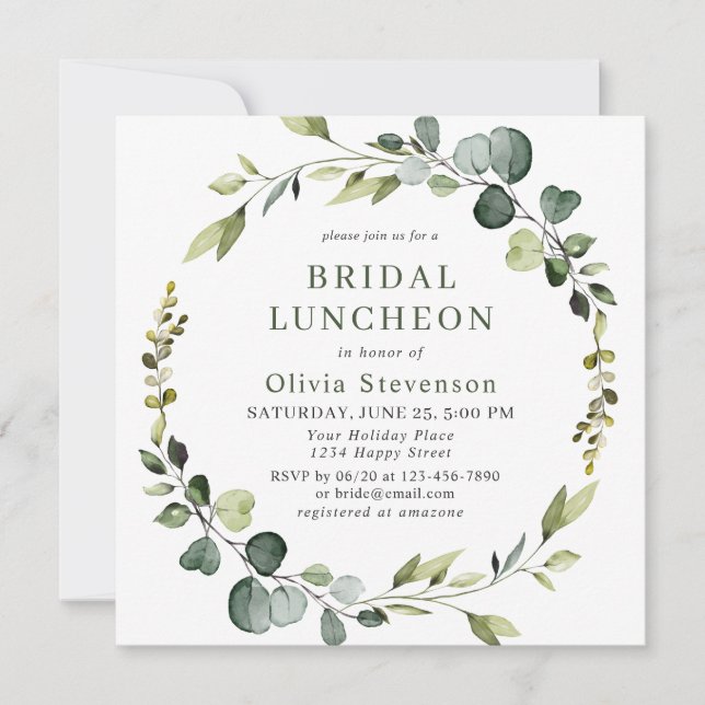 Modern Eucalyptus Wreath Frame BRIDAL LUNCHEON Invitation (Front)
