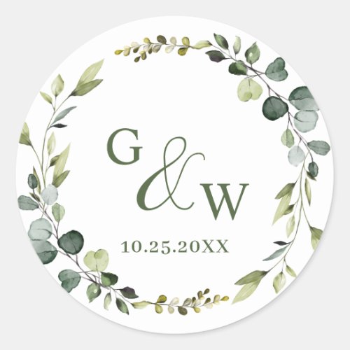 Modern Eucalyptus Wreath Frame Floral Wedding Boho Classic Round Sticker