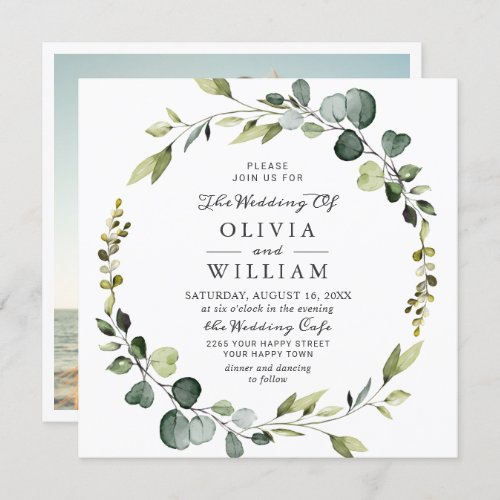 Modern Eucalyptus Wreath Frame PHOTO Wedding Invitation