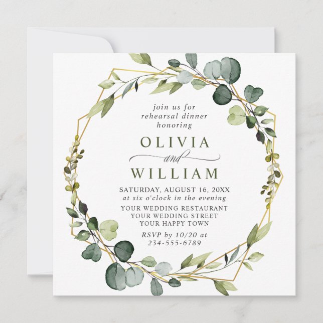 Modern Eucalyptus Wreath Frame REHEARSAL DINNER Invitation (Front)