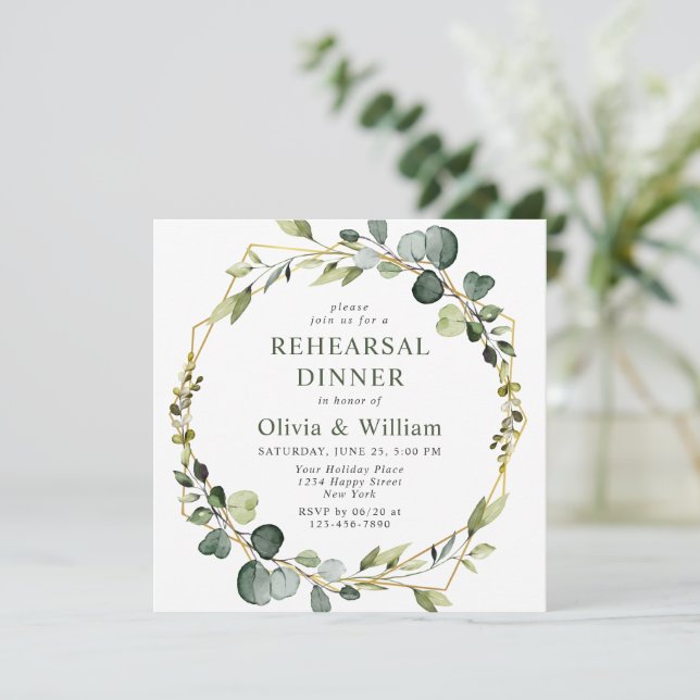 Modern Eucalyptus Wreath Frame REHEARSAL DINNER Invitation (Standing Front)