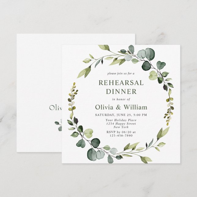 Modern Eucalyptus Wreath Frame REHEARSAL DINNER Invitation (Front/Back)