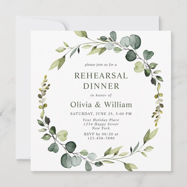 Modern Eucalyptus Wreath Frame REHEARSAL DINNER Invitation (Front)
