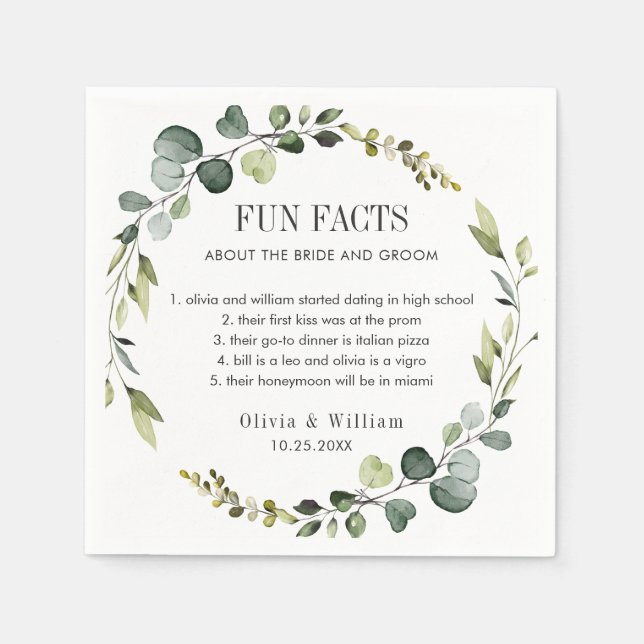 Modern Eucalyptus Wreath Fun Facts Wedding Boho Napkins (Front)