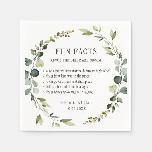 Modern Eucalyptus Wreath Fun Facts Wedding Boho Napkins