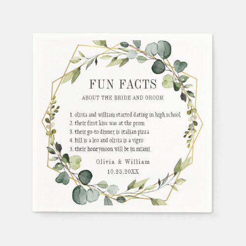 Modern Eucalyptus Wreath Fun Facts Wedding Napkins
