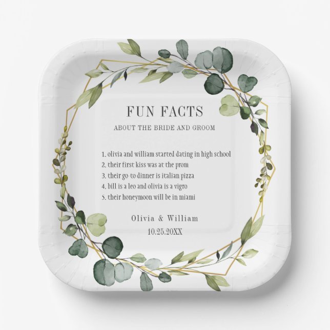 Modern Eucalyptus Wreath Fun Facts Wedding Paper Plates (Front)