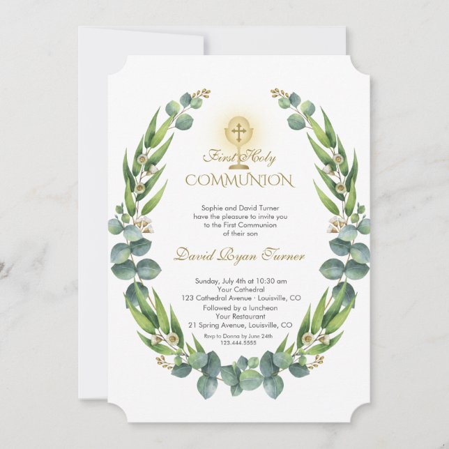 Modern Eucalyptus Wreath Gold Holy Communion Invitation (Front)