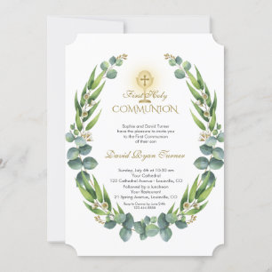 Modern Eucalyptus Wreath Gold Holy Communion Invitation