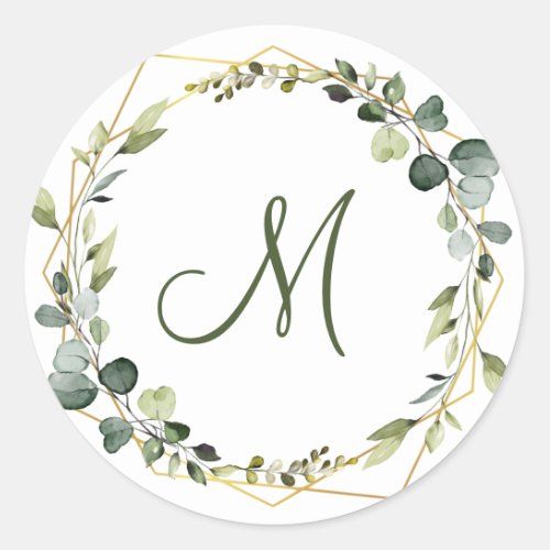 Modern Eucalyptus Wreath MONOGRAM Boho Classic Round Sticker