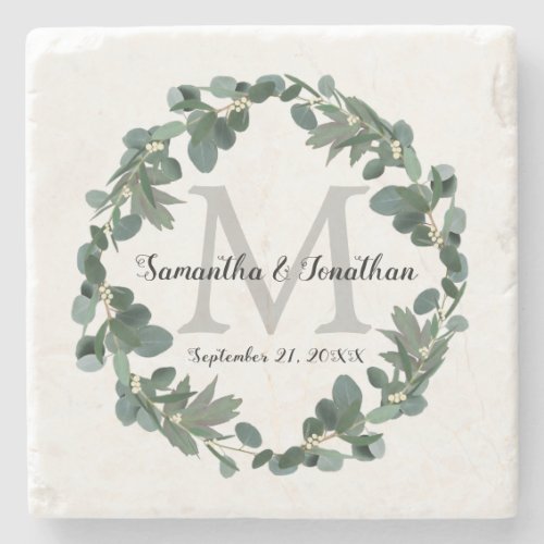 Modern Eucalyptus Wreath Monogram Wedding Keepsake Stone Coaster