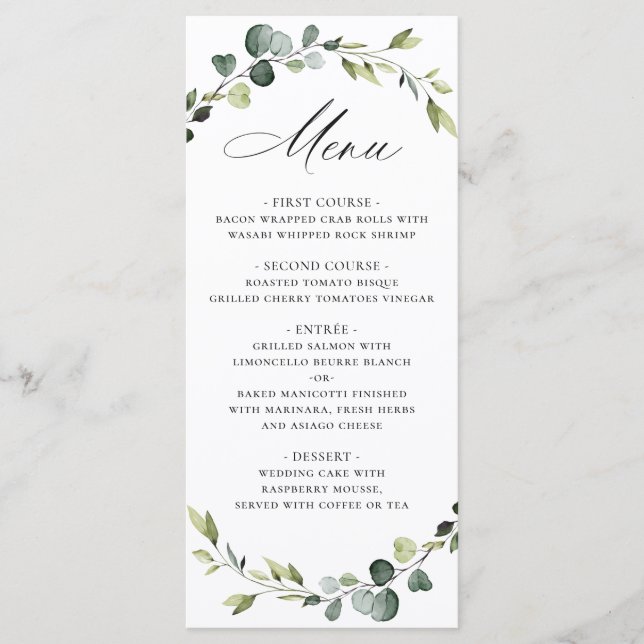 Modern Eucalyptus Wreath Watercolor Wedding Boho Menu (Front)