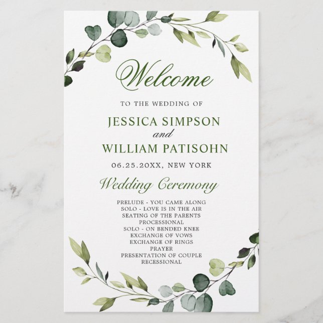 Modern Eucalyptus Wreath Wedding Ceremony Program  (Front)