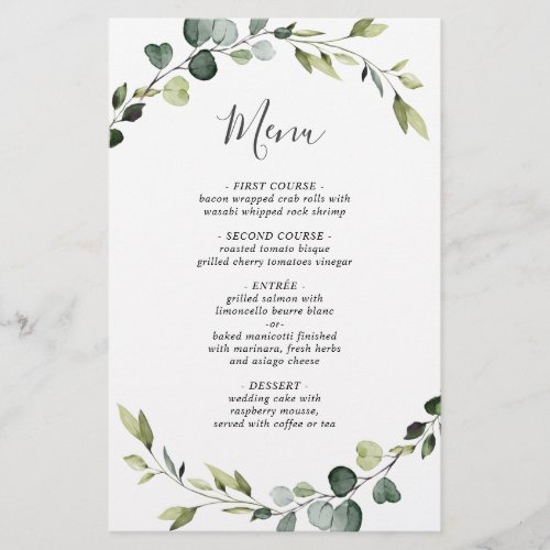 Modern Eucalyptus Wreath Wedding Dinner Menu