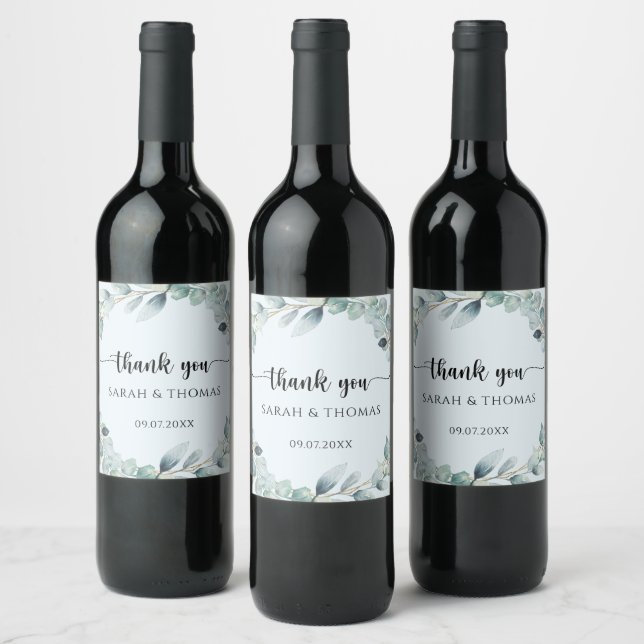 Modern Eucalyptus Wreath Wedding Thank You Wine Label (Bottles)