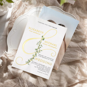 Modern Eucalytpus Ampersand Photo Wedding Gold Foil Invitation
