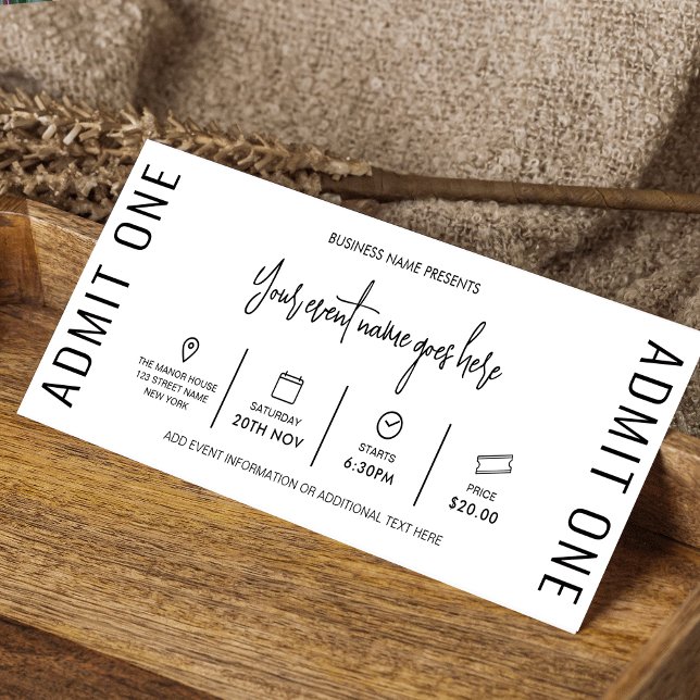 Modern Event Ticket Business Logo Gala Entry Pass Invitation (Modern business event ticket with trendy fonts, icons and space for your business info)