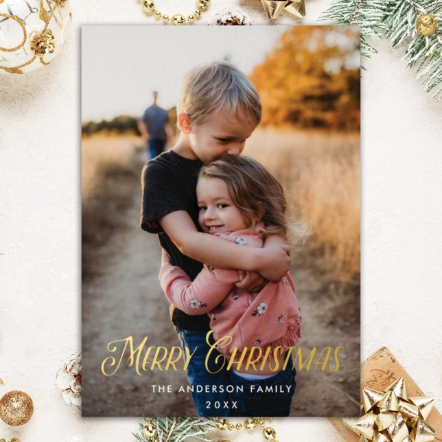 Modern Evergreen Christmas Two Photo Vertical Foil Holiday Card (Creator Uploaded)