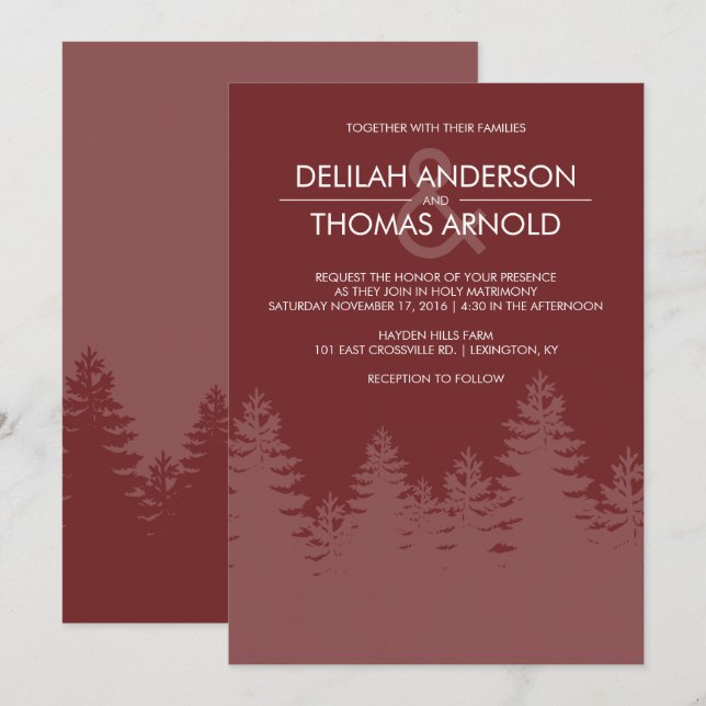 Modern Evergreen Trees Burgundy Winter Wedding Invitation (Front/Back)