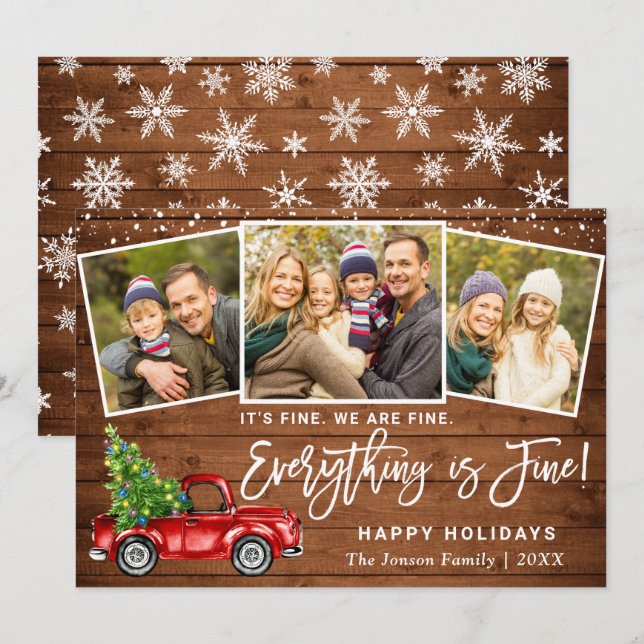 Modern Everything is Fine Christmas 3 Photo Holiday Card (Front/Back)