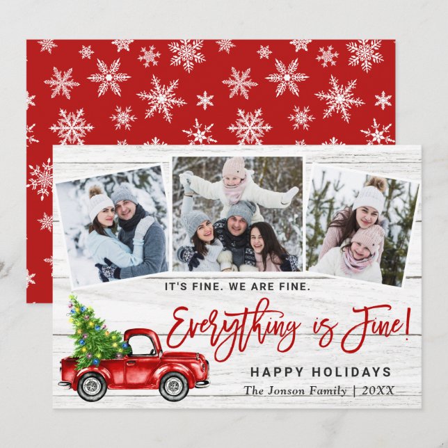 Modern Everything is Fine Christmas 3 Photo Holiday Card (Front/Back)