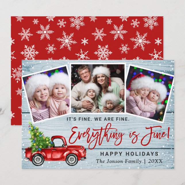 Modern Everything is Fine Christmas 3 Photo Holiday Card (Front/Back)