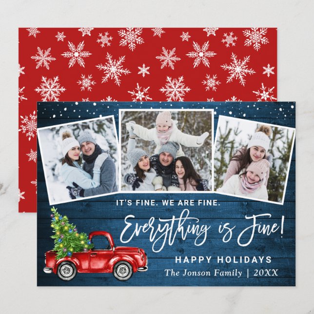 Modern Everything is Fine Christmas 3 Photo Holiday Card (Front/Back)