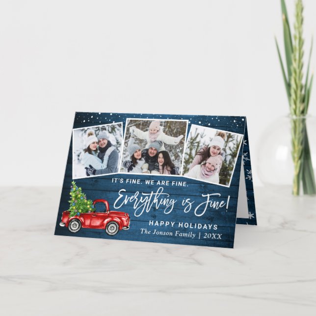 Modern Everything is Fine Christmas 3 Photo Holiday Card (Front)