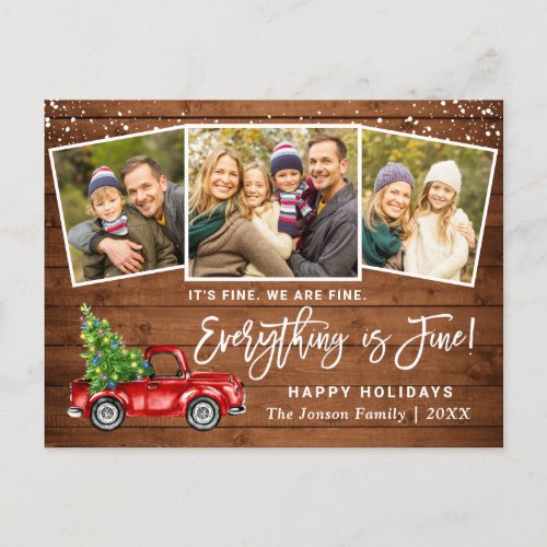 Modern Everything is Fine Christmas 3 Photo Holiday Postcard