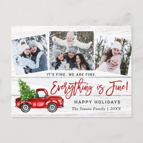 Modern Everything is Fine Christmas 3 Photo Holiday Postcard
