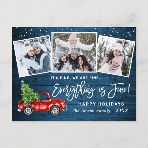 Modern Everything is Fine Christmas 3 Photo Holiday Postcard