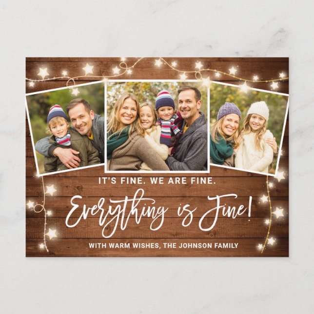 Modern Everything is Fine Christmas 3 Photo Postcard (Front)