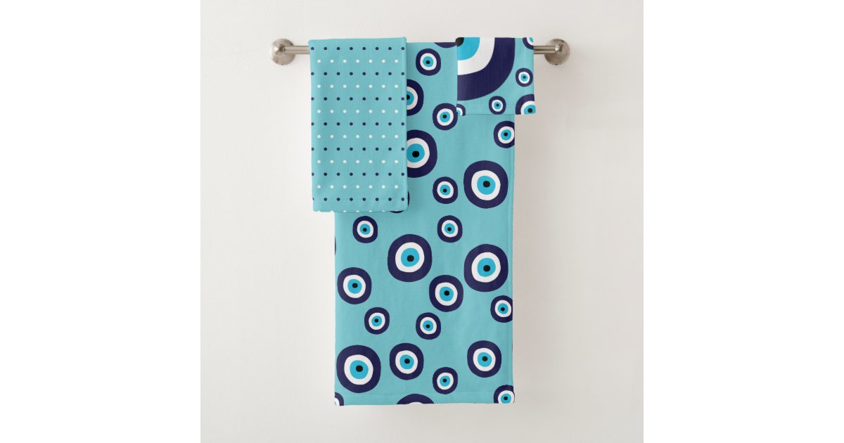 Modern Evil Eye Navy Blue Aqua Circles Pattern Bath Towel Set