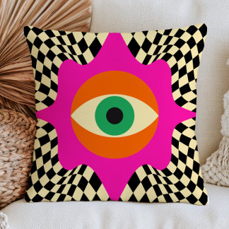 Modern Evil Eye on Checkered Pattern Bold Funky Throw Pillow