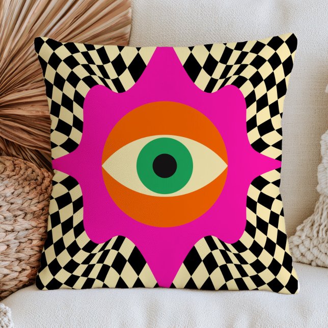 Modern Evil Eye on Checkered Pattern Bold Funky  Throw Pillow (Creator Uploaded)