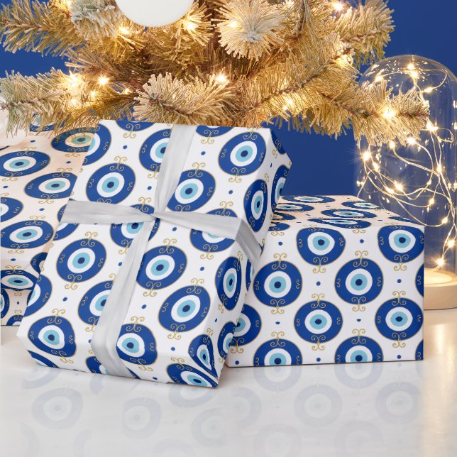 Modern Evil Eye Pattern Blue & Gold Protection Wrapping Paper (Holidays)