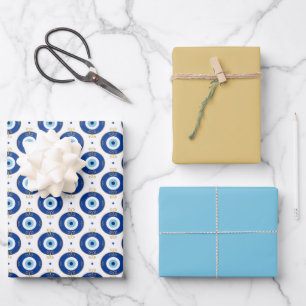 Modern Evil Eye Pattern Blue & Gold Protection Wrapping Paper Sheets