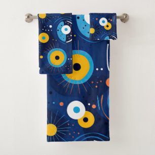 Modern Evil Eye Pattern Navy Blue BOHO Bath Towel Set