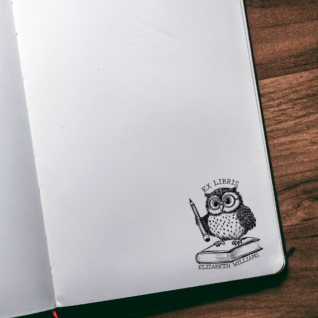 Modern Ex Libris Owl with Book, Custom Library Rubber Stamp (Creator Uploaded)
