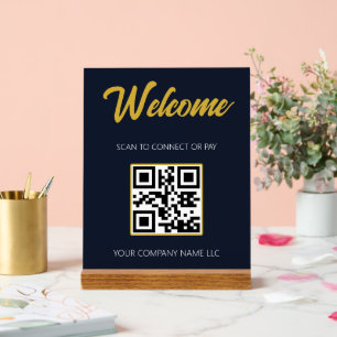 Modern Executive Navy Blue & Gold Acrylic QR Table Sign