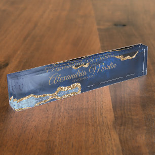 Modern Executive Navy Blue Gold Glitter Script Desk Name Plate