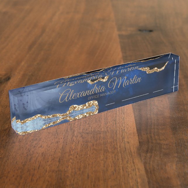 Modern Executive Navy Blue Gold Glitter Script Desk Name Plate (Side)