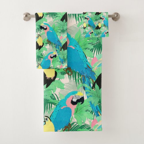 Modern Exotic Birds  Foliage Tropical Design Bath Towel Set