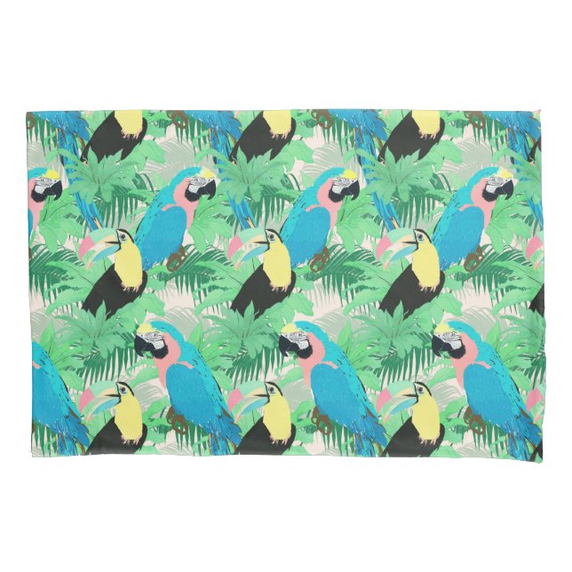 Modern Exotic Birds & Foliage Tropical Design Pillow Case (Front-Left)
