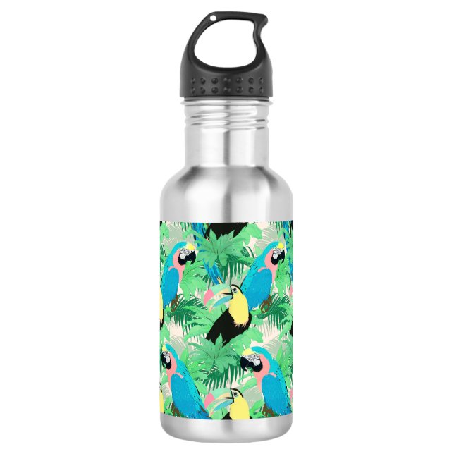 Modern Exotic Birds & Foliage Tropical Design Stainless Steel Water Bottle (Front)