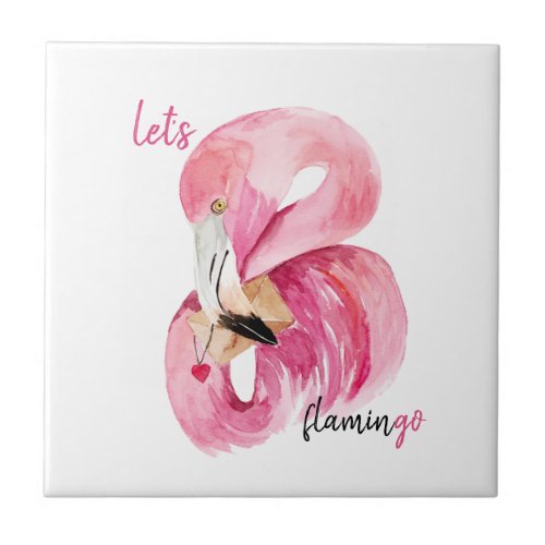 Modern Exotic Pink Lets Flamingo Watercolor  Ceramic Tile