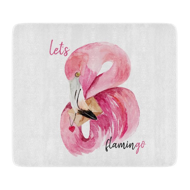Modern Exotic Pink Let's Flamingo Watercolor  Cutting Board (Front)