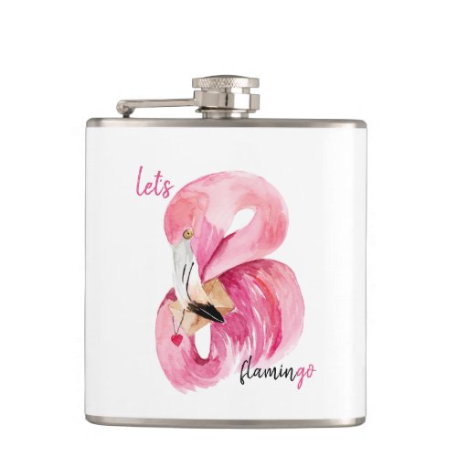 Modern Exotic Pink Lets Flamingo Watercolor  Flask