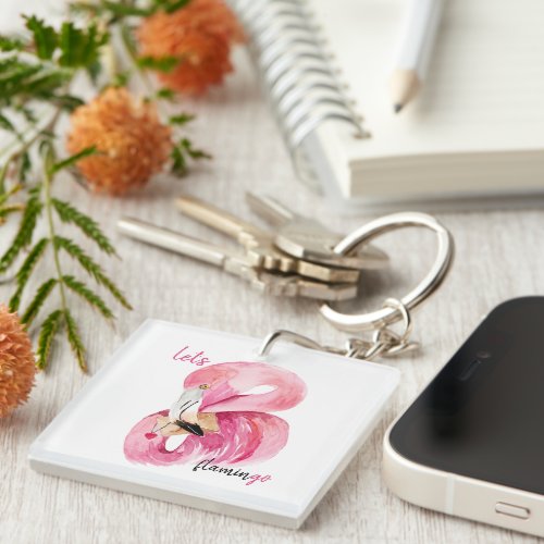 Modern Exotic Pink Lets Flamingo Watercolor  Keychain